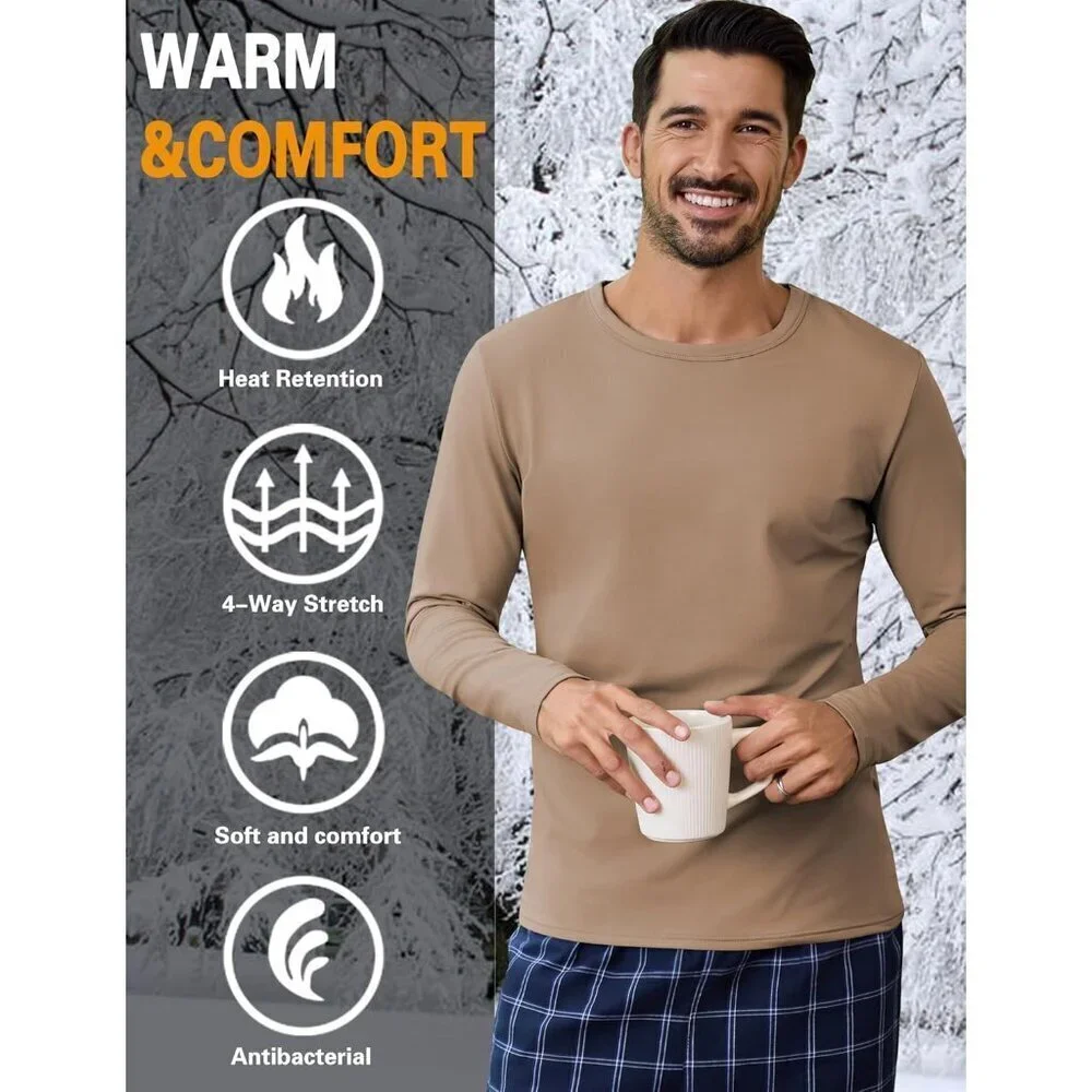 Thermal Underwear for Men High Stretch Fleece Lined Long Sleeve Crewneck Thermal